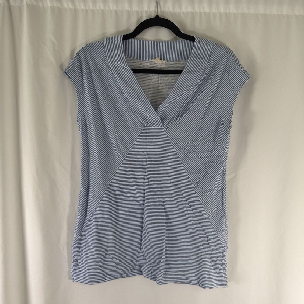 Jane Delancey Blouse Womens Medium Blue White Striped Sleeveless Vneck Cotton Bl